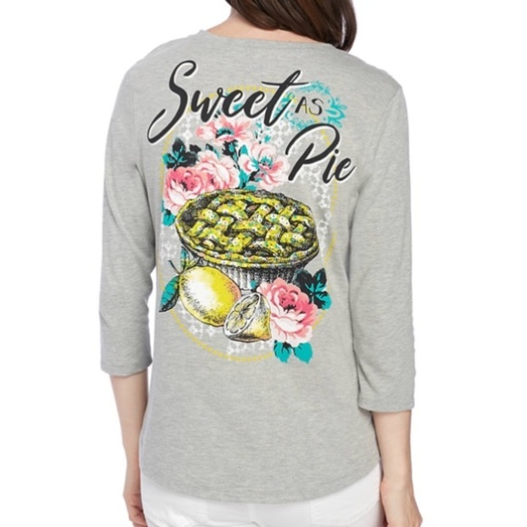 Kim Rodgers V-Neck 3/4 Sleeve Top Heather Grey Lemon Pie Graphic T-Shirt Medium - Picture 1 of 2